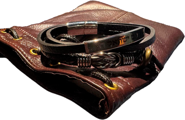 картинка Браслет кожаный тройной, сталь серебрянная, Ам Исраэль Хай, Бесконечность от магазина Бронная.Shop+