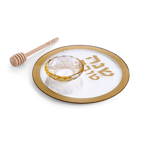картинка Баночка для меда на подносе золотистое стекло от магазина Бронная.Shop+